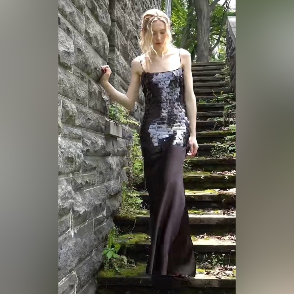 STAUD Mesa Paillette Embellished Mesh and Silk Blend Maxi Dress In Earth - Picture 2 of 10